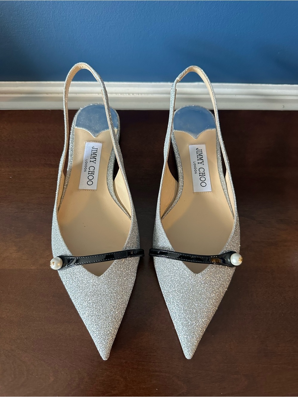 Jimmy Choo Amita Silver Glitter Patent Leather Slingback Flats Size 36